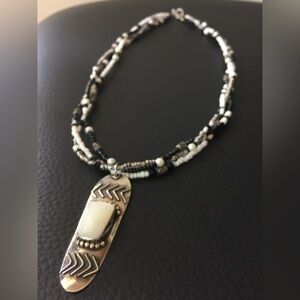 Black, White, Silver Multi Strand Necklace - Mother of Pearl Pendant - Handmade